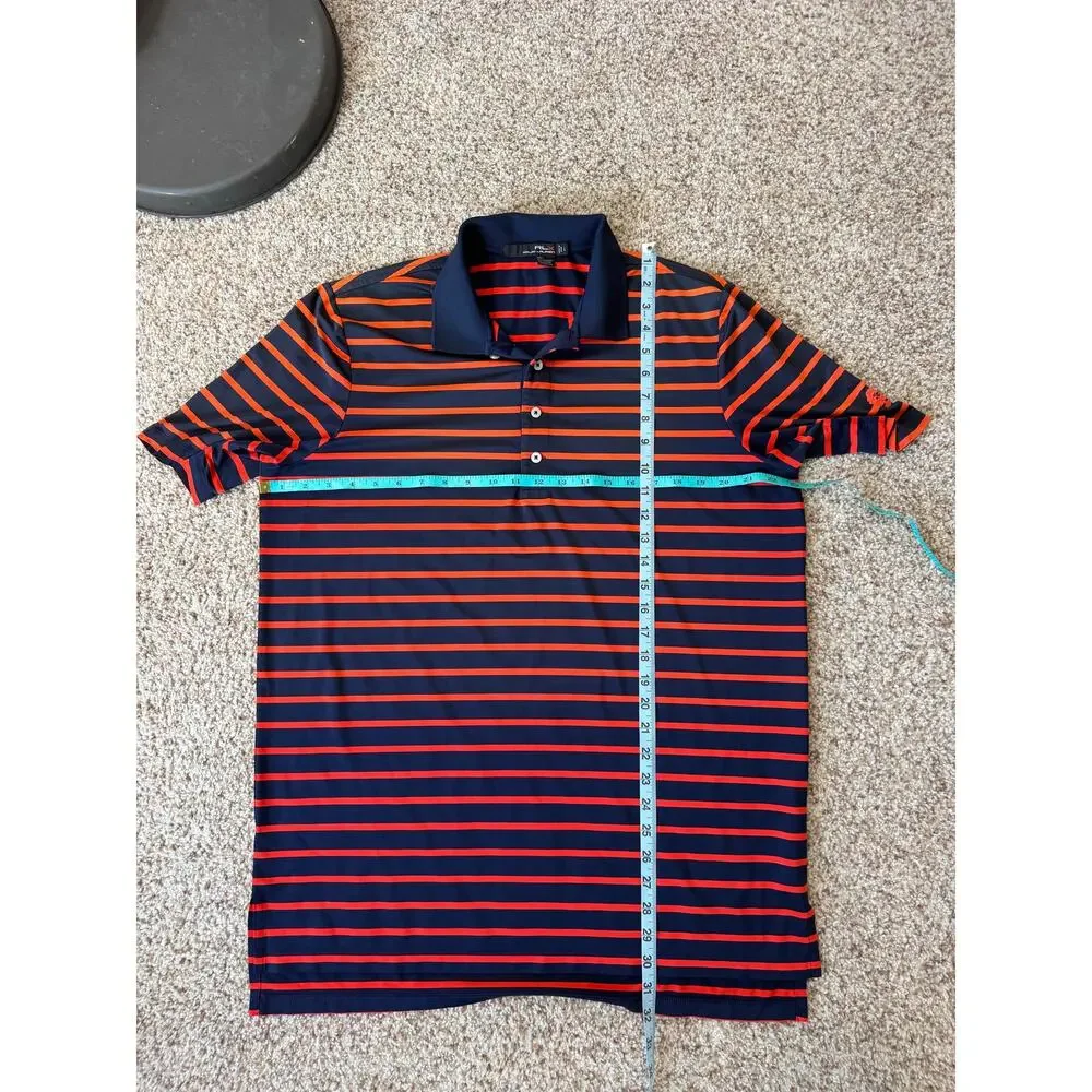 RLX Ralph Lauren Polo Shirt Mens L Navy Blue Orange Striped Short Sleeve Golf
